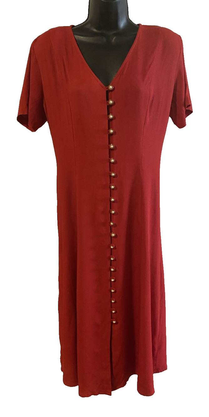 Vtg Just Choon Red Midi Dress Size M/L FauxPearl Buttons Church Office Secretary